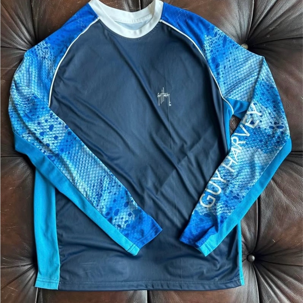 Guy Harvey Men's Blue and White Rash Guard Swim Shirt